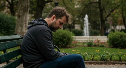 Fototapeta premium Man Sad Park Bench Reflection