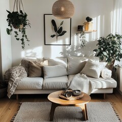 A cozy living room features natural light and green plants