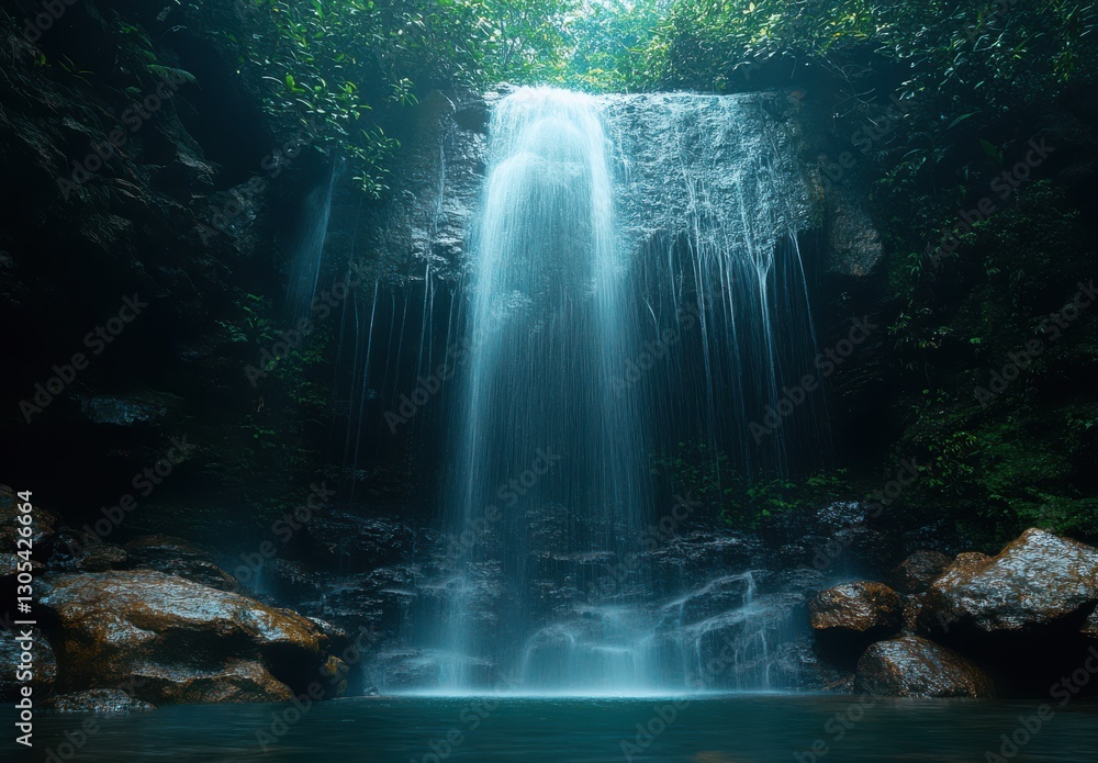Poster serene waterfall surrounded by lush greenery and rocks in a calm natural setting with soft light fil