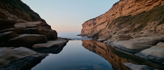 Fototapeta premium Serene coastline with calm waters reflecting dramatic cliffs as the sun gently rises, casting a peaceful glow over the tranquil landscape.