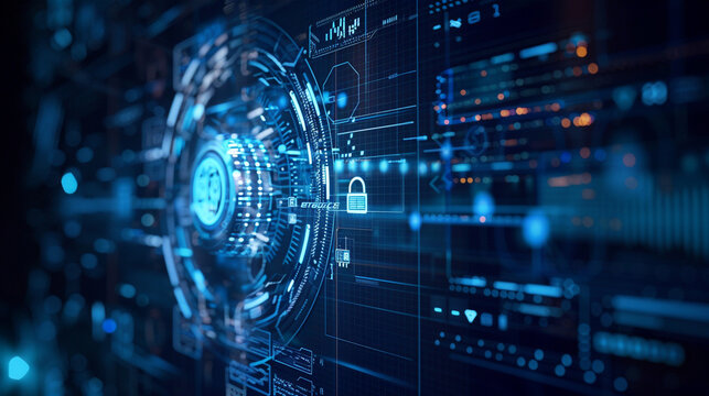 Immersive digital security interface in HUD, dark blue background, advanced technology, double exposure effect, futuristic business security ,