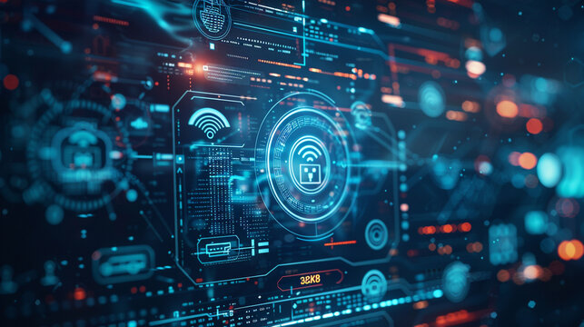 Immersive digital security interface in HUD, dark blue background, advanced technology, double exposure effect, futuristic business security ,