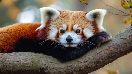 Relaxed red panda resting on a tree branch