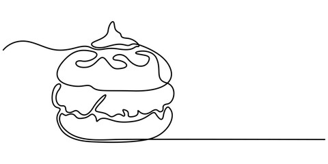 Cinnabon bun one line art. Continuous line drawing of cake, butter roll, Cinnamon roll isolated on white background continuous line drawing, Swedish continuous one line drawing.