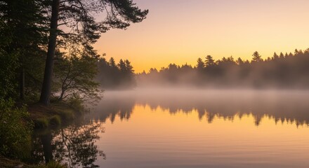 Fototapeta premium Misty lake at dawn reflecting forest. Serene nature scene for meditation retreat, wellness journey, silent day or Earth Day banner or natural wallpaper.