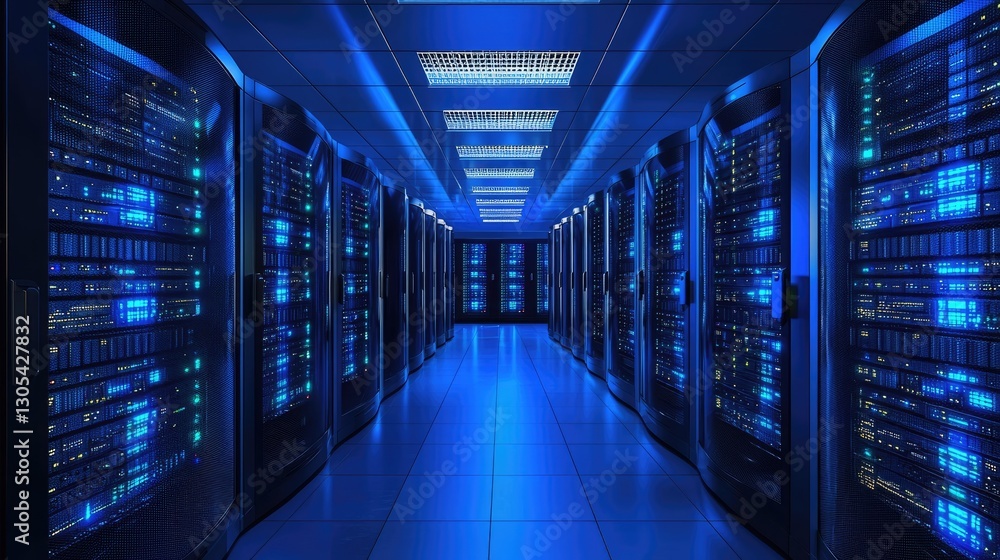 Poster Advanced data center with glowing blue server racks, symbolizing cybersecurity, cloud computing, and IT infrastructure. Ideal for technology and digital security themes