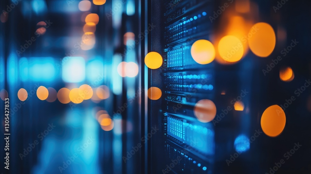 Poster Blurred close up of a data center with glowing blue and orange server lights, symbolizing cybersecurity, cloud computing, and IT infrastructure. Ideal for technology and digital security themes