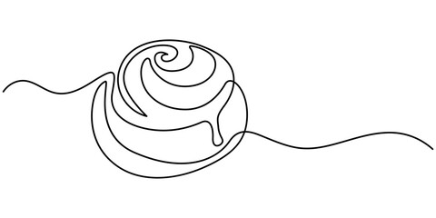 Cinnabon bun one line art. Continuous line drawing of cake, butter roll, Cinnamon roll isolated on white background continuous line drawing, Swedish continuous one line drawing.