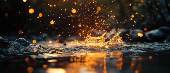 Naklejka premium Water droplets create golden sparks on a lake's surface, capturing movement and light with magical warmth.