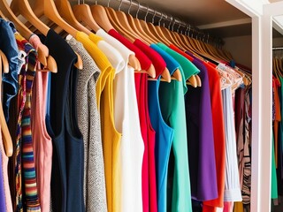 Fototapeta premium Bright multi-colored summer clothes hanging in a row on hangers, summer fashion, summer shopping