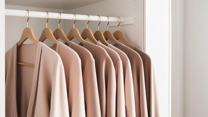 Obraz premium Mocha mousse fashion spring trend 2025, blouses in pastel brown colors hang neatly on trempels in a row, fashion shopping, fashionable clothing