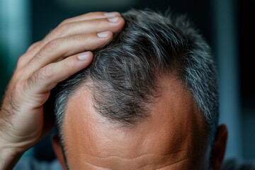 Fototapeta premium Man checking his receding hairline, hair loss and baldness concept