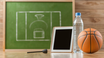 basketball game plan on electronic tablet beside traditional chalkboard, comparing digital and analog coaching methods