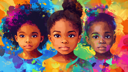 Dramatic Illustration of African American children with colorful background elements.
