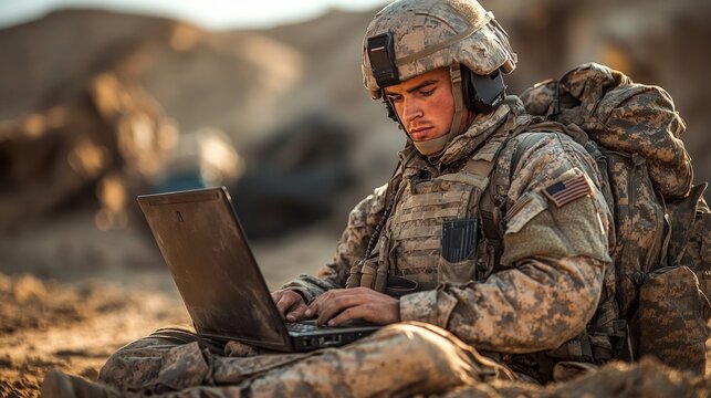 Soldier working on laptop in desert