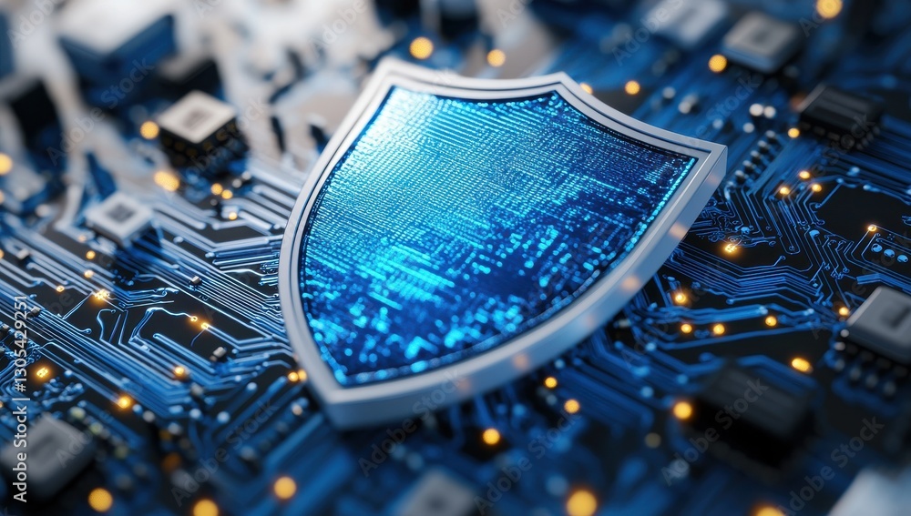 Poster shield icon over circuit board background representing digital security and cyber protection in tech