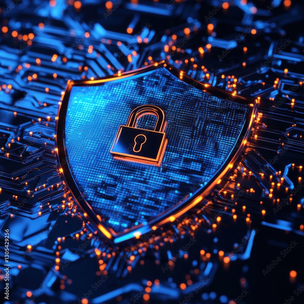 Poster shield with padlock symbol on a vibrant blue circuit board background representing digital security 