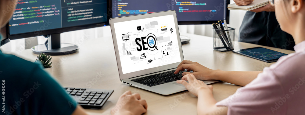 Poster seo search engine optimization for brisk e-commerce and online retail business showing on computer s