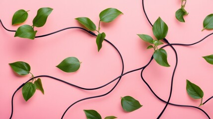 Green plants entwined with cables on pink background