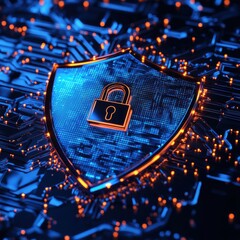 Shield with padlock symbol on a vibrant blue circuit board background representing digital security and protection in technology and cyberspace