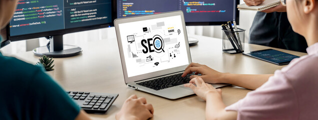 SEO search engine optimization for brisk e-commerce and online retail business showing on computer...