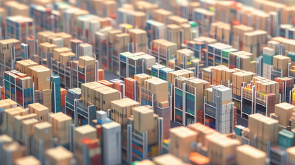 A large warehouse with numerous items. Rows of shelves with boxes. Logistics. Inventory control, order fulfillment or space optimization. Illustration for advertising, marketing or presentation.