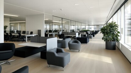 Modern office lounge area, city view, light and airy, functional design, suitable for stock photography