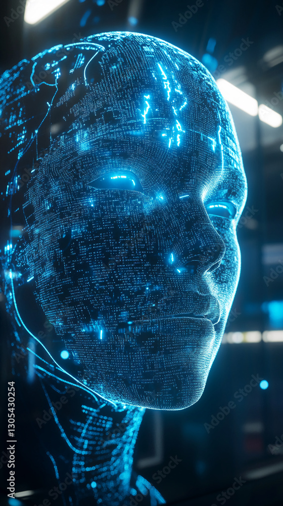 Poster digital face composed of glowing blue particles, resembling code, showcasing futuristic technology a