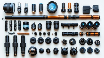 Camera lens parts flatlay, repair, workshop, white background, tech