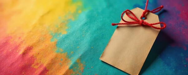Tied brown paper tag, red string, multicolored background, celebration, gift tag, wholesale
