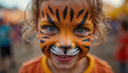 Young child with tiger face paint smiling joyfully at a festive outdoor event