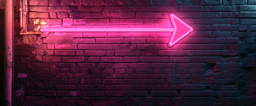Neon pink arrow glowing on a brick wall with a modern, urban vibe, symbolizing direction, movement, or guidance in a creative and visually striking setting.