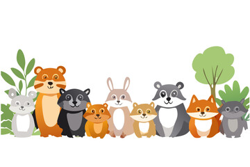 Obraz premium Colorido dibujo de dibujos animados con animales del bosque lindos y caras soleadas en un fondo ligero