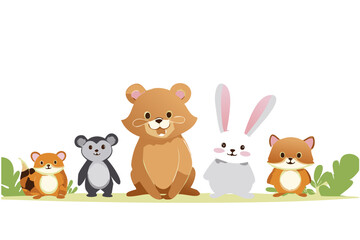 Obraz premium Colorido dibujo de dibujos animados con animales del bosque lindos y caras soleadas en un fondo ligero