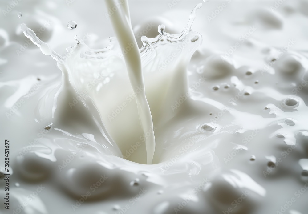 Poster smooth stream of milk creating splash in white liquid surface with bubbles and ripples capturing fre