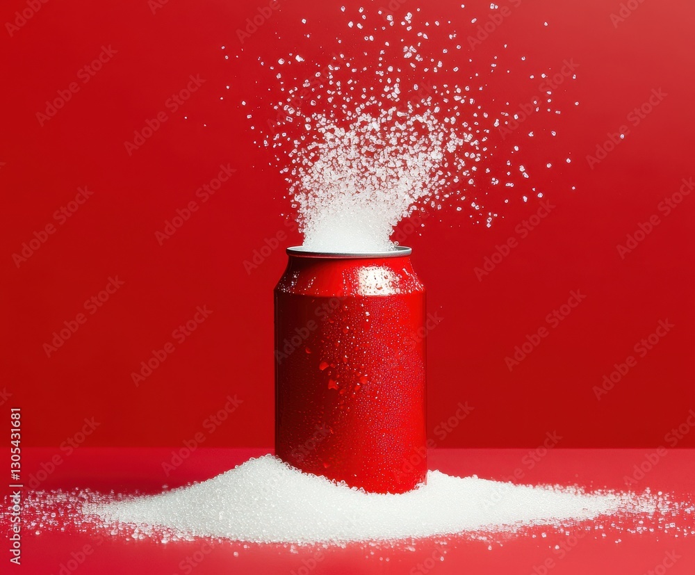 Poster soda can erupting with bubbles over red background capturing dynamic and refreshing moment of carbon