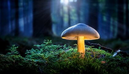 Fototapeta premium glowing mushroom growing in enchanted forest at night