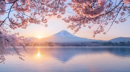 At sunrise, a snow-capped mountain stands majestically, framed by cherry blossoms, while a gentle mist rises from the tranquil lake.