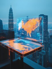 Futuristic Cityscape Data Visualization Projection at Night with Abstract Infographic Display