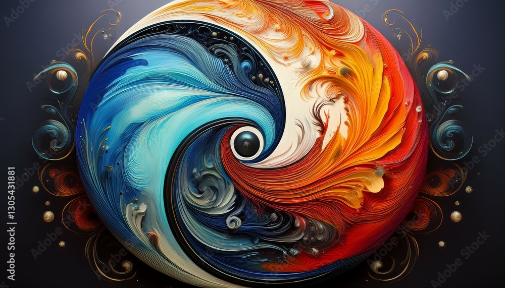 Poster colorful swirling abstract form creating a modern yin yang symbol embodying the interconnectedness o