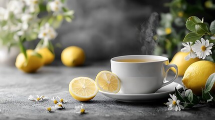 Steaming tea cup with lemon slice, flowers on a table against gray backdrop