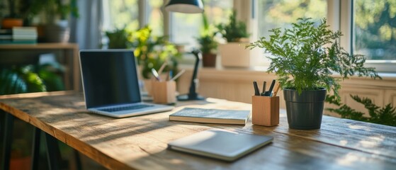 A sunlit workspace with a laptop, plants, and office supplies reflects creativity, productivity, and tranquility.