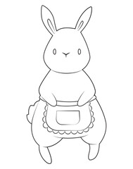 Cute white rabbit. Rabbit in an apron. Cartoon character. Outline. Coloring page. Hand drawing. Easter illustration.