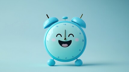 Happy blue alarm clock on light blue background