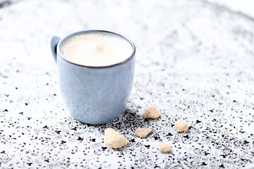 Cappuccino on bright background. Soft focus. Copy space.	
