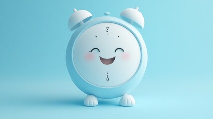 Cute light blue cartoon alarm clock on pastel background