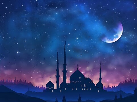 A Peaceful Moonlit Mosque Silhouette with Arabic Geometric Patterns and Starry Night Sky