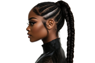 Elegant Black Woman with Braided Ponytail Hairstyle Isolated on Transparent Background