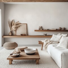 Interior living room with wooden shelves and white furniture pieces