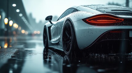 Obraz premium White sports car on rainy city street